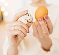 Woman holds chicken and quail eggs in her hands. Protein in food, concept of healthy food, vitamins and nutrients