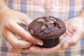 Woman holds Double chocolate chip muffin in her hands Royalty Free Stock Photo