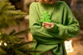 Woman holds gingerbread in a form of Christmas tree Royalty Free Stock Photo