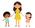 Woman holds girls hands. Dark-skinned and light-skinned children. Happy little kids are smiling