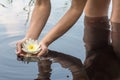 Woman holds in hands beautiful water lily in a lake in the woods Royalty Free Stock Photo