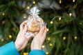 A woman holds in her hands gingerbread in the form of a Christmas tree on the background of a green Christmas tree Royalty Free Stock Photo