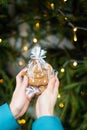 A woman holds in her hands gingerbread in the form of a Christmas tree on the background of a green Christmas tree outdoors. The Royalty Free Stock Photo