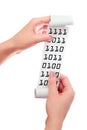 Woman Holds in Her Hands Roll of Paper With Printed Receipt. Binary digits. Hacking