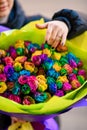 Woman holds a huge bouquet of multi-colored roses wrapped in wrapping paper Royalty Free Stock Photo