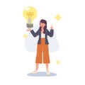 Woman holds a large light bulb in her hand. New creative idea, problem solved, creative thinking, innovation, brain activity, Royalty Free Stock Photo