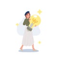 Woman holds a large light bulb in her hand. New creative idea, problem solved, creative thinking, innovation, brain activity, Royalty Free Stock Photo