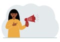 A woman holds a loudspeaker or megaphone in his hand. Big sale, discount, breaking news or new collection concept for