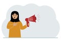 A woman holds a loudspeaker or megaphone in his hand. Big sale, discount, breaking news or new collection concept for