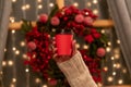 Woman holds red paper coffee cup Royalty Free Stock Photo