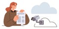 Woman reading document next to security camera connected to cloud storage Royalty Free Stock Photo