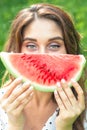 Woman holds slice of watermelon Royalty Free Stock Photo