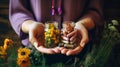 A woman holds supplements in her hands with herbs and flowers. Generative AI,