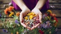 A woman holds supplements in her hands with herbs and flowers. Generative AI,