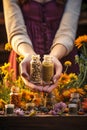 A woman holds supplements in her hands with herbs and flowers. Generative AI,