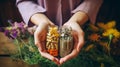 A woman holds supplements in her hands with herbs and flowers. Generative AI, Royalty Free Stock Photo