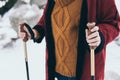 Woman holds trekking poles for Nordic walking with snow on background, High Tatras, Slovakia Royalty Free Stock Photo