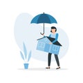 Woman holds umbrella protects his home from crisis, financial problem