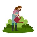 Woman holds watering can. Female gardener watering plant. Green grass and bushes