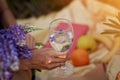 Woman holds a wine glass with purple lupinus at sunset. Summer picnic. Wellness, natural concept. Adaptogenic ayuverdic