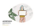 Woman holiding sign, Girl with blank paper board advertising illustration. Fashion people art with poster, social media banner. Royalty Free Stock Photo