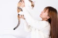 Woman at home holding her lovely fluffy cat. Multicolor tabby cute kitten. Pets and lifestyle concept Royalty Free Stock Photo