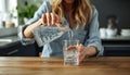 Woman at home sits at wooden table pouring water into glass, hydration lifestyle photo