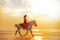 Woman and horse on the background of sky and water. Girl model o Royalty Free Stock Photo