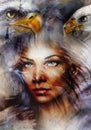 mystic woman and two eagles beautiful painting, eye contact, abstract background