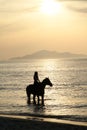 The woman on a horse and a gold sunset