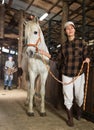 Woman horse holder leading white horse in stabling Royalty Free Stock Photo