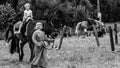 Woman with horse on the Medieval festival in the Old Ladoga fortress. Leningrad Region, Russia june 2018. Historical concept