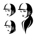 Woman horse rider head wearing helmet black vector design set