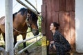 Woman with horse in stable at countryside ranch. Girl horse rider in summer outdoor. Equestrian and horseback riding. Horse Royalty Free Stock Photo