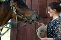 Woman with horse in stable at countryside ranch. Girl horse rider in summer outdoor. Equestrian and horseback riding. Horse Royalty Free Stock Photo