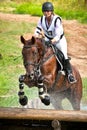 Woman horseback on jumping brown chestnut horse