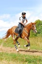 Woman horsebak on galloping red chestnut horse