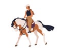 Woman horseriding. Female rider riding horseback. Equine walk, stroll. Girl equestrian on stallion, steed, sitting in