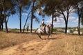 Woman horsewoman, young and beautiful, performing cowgirl dressage exercises with her horse, in the countryside. Concept horse Royalty Free Stock Photo