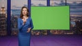 Woman host presenting newscast standing tv stage green screen. Female newsreader