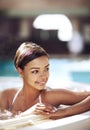 Woman, hot tub and spa relax at resort with smile thinking for stress relief, holiday or travel. Female person, jacuzzi Royalty Free Stock Photo