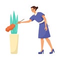 Woman Hotel Maid with Duster Cleaning Plant in Pot Vector Illustration