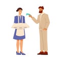 Woman Hotel Maid with Pillow and Man Client Giving Her Tip Vector Illustration