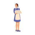 Woman Hotel Maid Standing with Clean Folded Bedsheet Vector Illustration