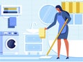 Woman Housekeeper Cleaning Bathroom Flat Cartoon