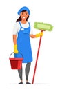 Woman housemaid in apron holding tools on white