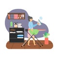 Woman housemaid, housekeeper ironing man t-shirt, flat vector illustration. Home cleaning, laundry and ironing services.