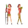 Woman Housewife Doing Domestic Chores Carrying Shopping Bag and Dusting Vase Vector Set