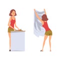 Woman Housewife Doing Domestic Chores Preparing Meal and Hanging Washed Clothes Vector Set