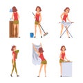 Woman Housewife Doing Domestic Chores Vector Set